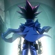 Yugi, his blue jacket draped across his shoulders, strikes a pose in a long, ornate hallway.